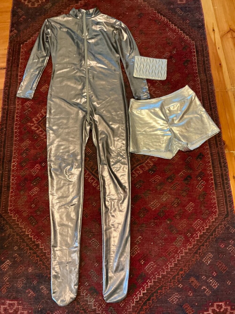 Silver metallic futuristic shorts, bodysuit, and purse (M)